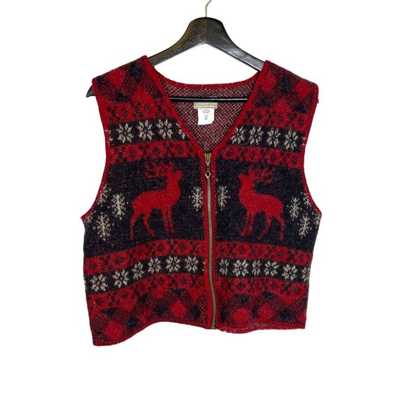 Vintage 90s Black Red Wool Zip Up Deer Nordic Pattern Sleeveless Vest Top Large - Picture 1 of 5